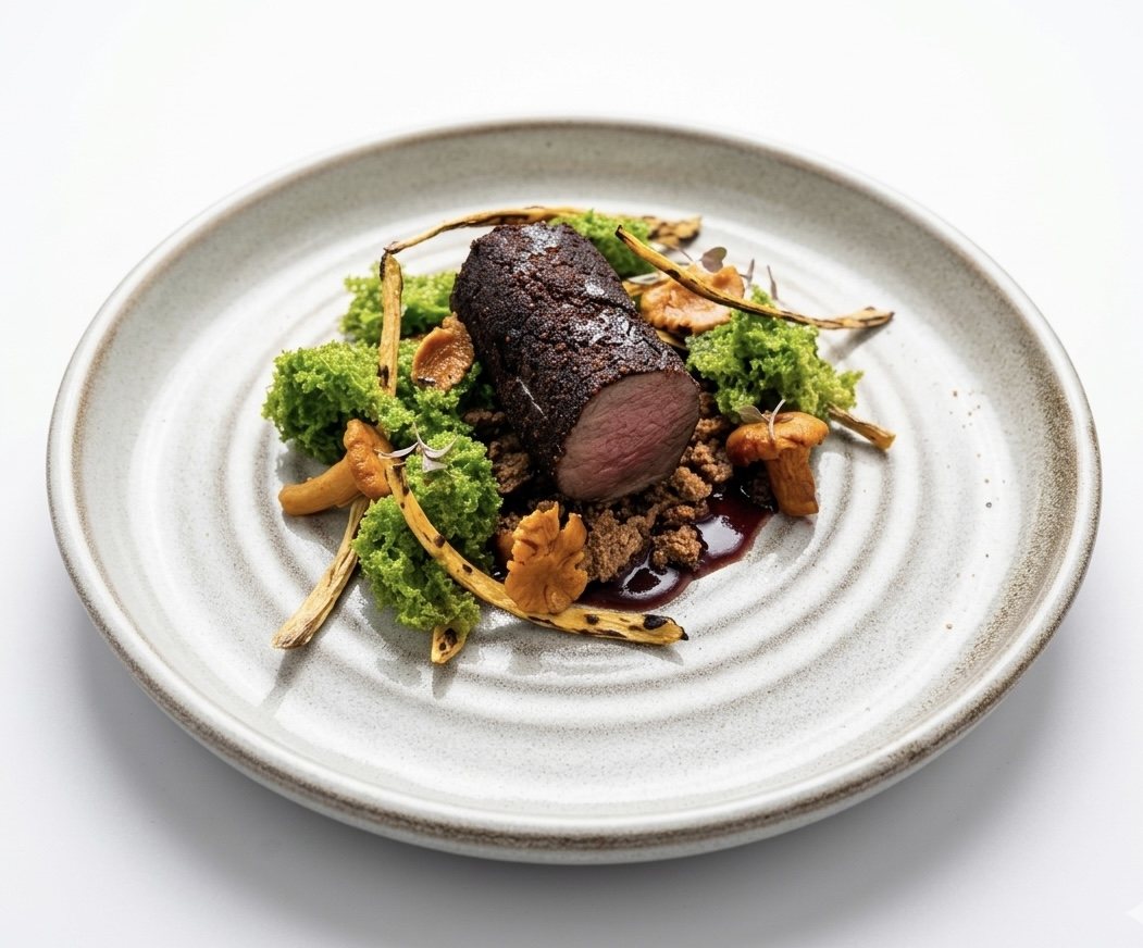 Crusted venison, herb sponge and chanterelles