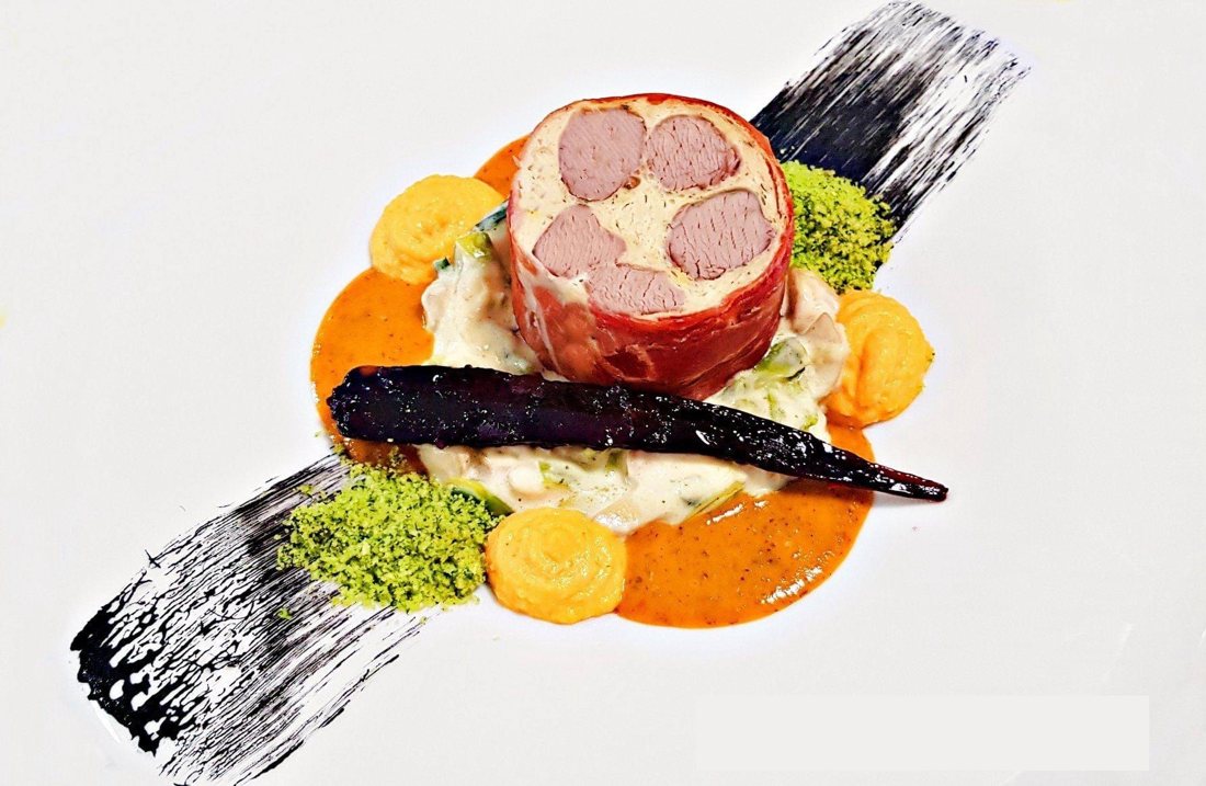 Prosciutto-wrapped terrine, purple carrot and squash purée